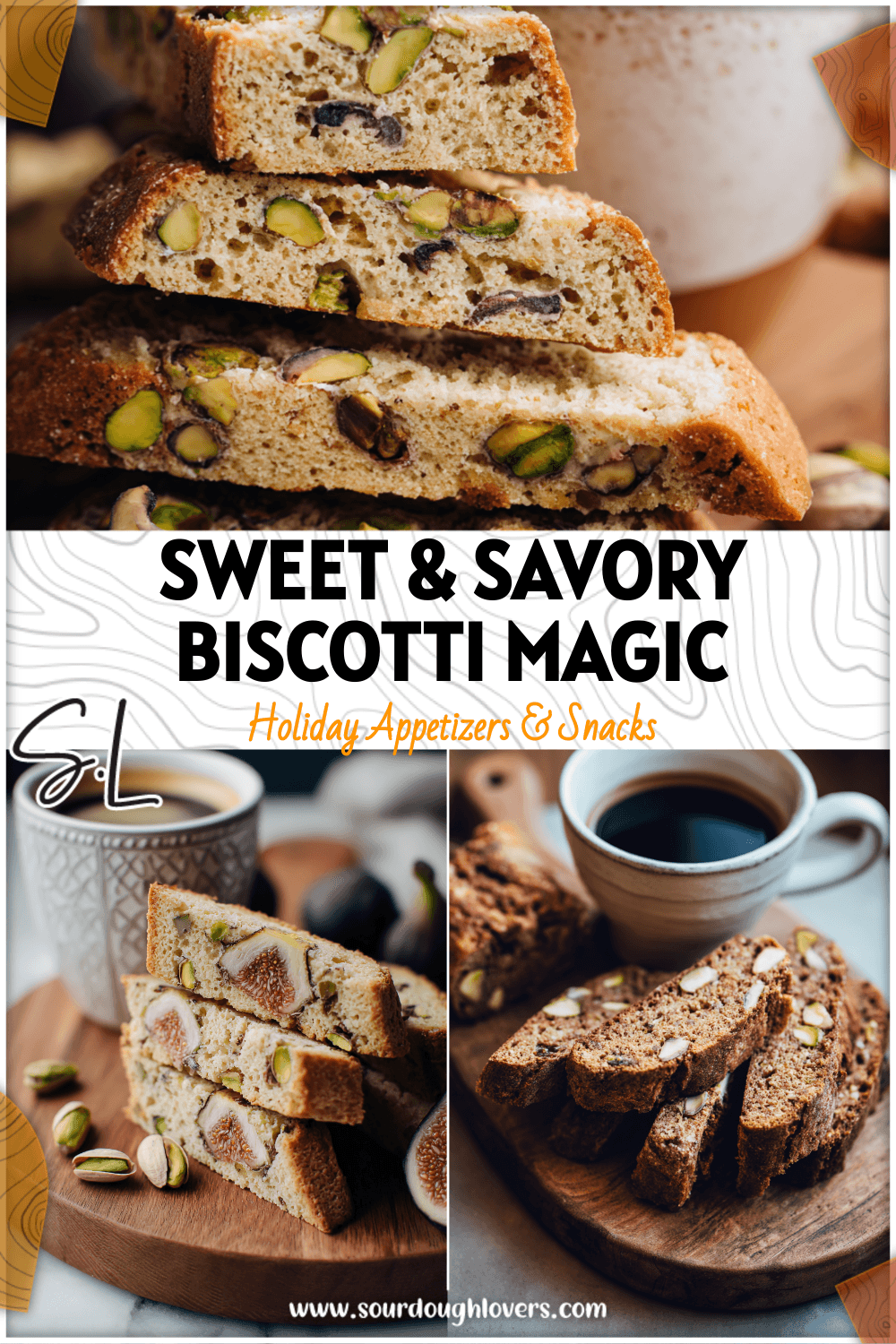 Close-up of sliced Fig and Pistachio Biscotti stacked beside a cup of espresso on a wooden board.